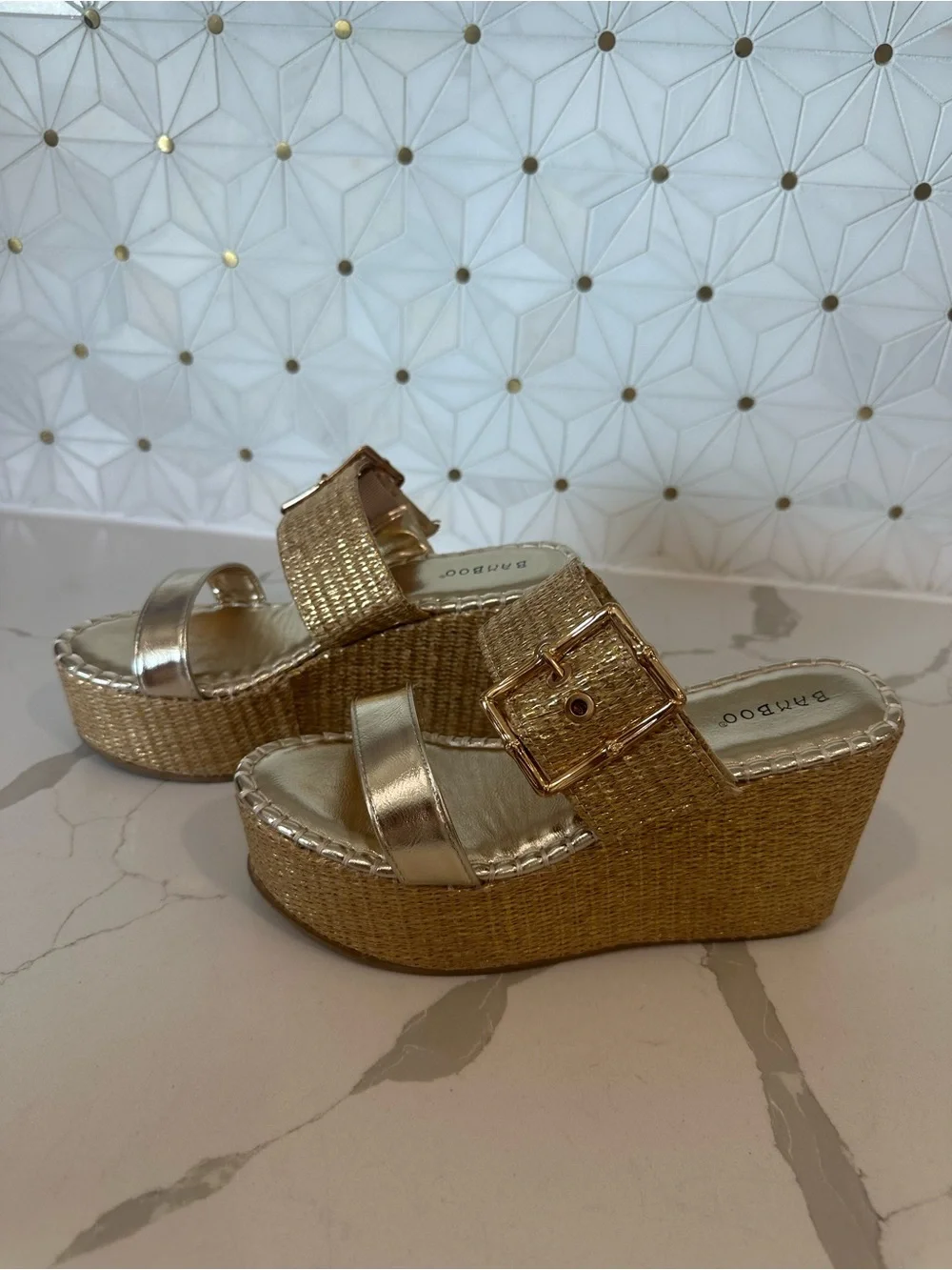 BAMBOO Metallic Gold Woven Buckle Wedge Slides